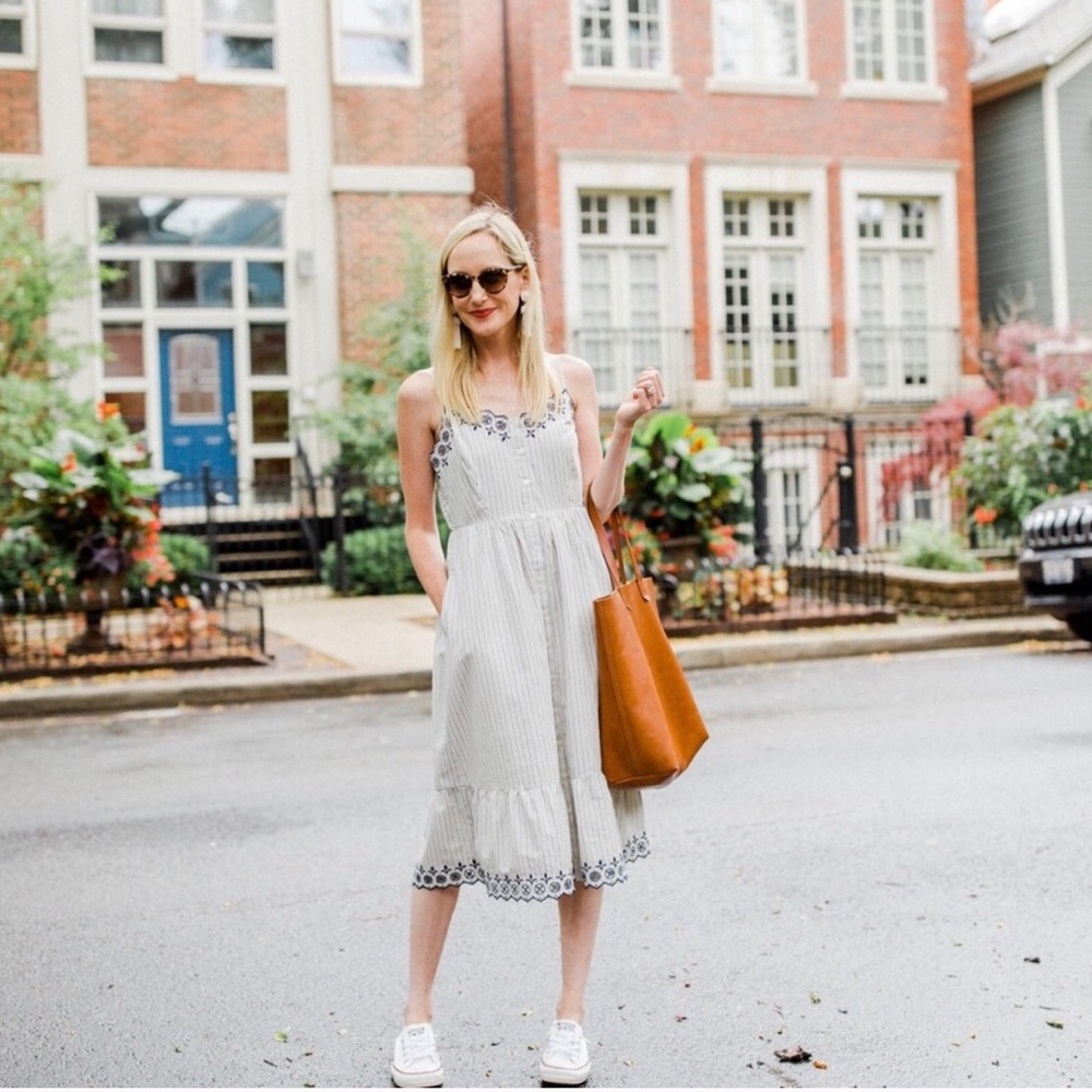 Striped Sleeveless Midi Dress with Embroidered Trim - White/Gray